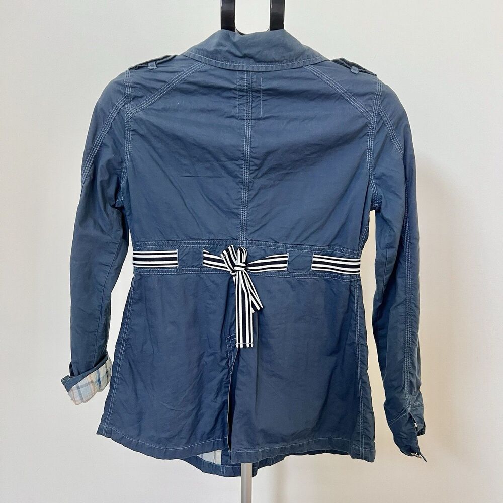 Free People Women’s Blue Cotton Short Coat Size 2 Striped Belt Plaid Lining EUC - Picture 3 of 6